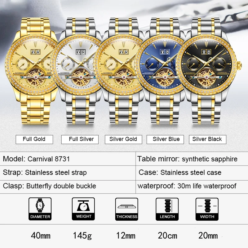 CARNIVAL Crystal Inlaid Skeleton Men Wrist Watch Topbrand Luxury Relogio Classic Stainless Steel Waterproof Mechanical Montre
CARNIVAL Crystal Inlaid Skeleton Men Wrist Watch Topbrand Luxury Relogio Classic Stainless Steel Waterproof Mechanical Montre
