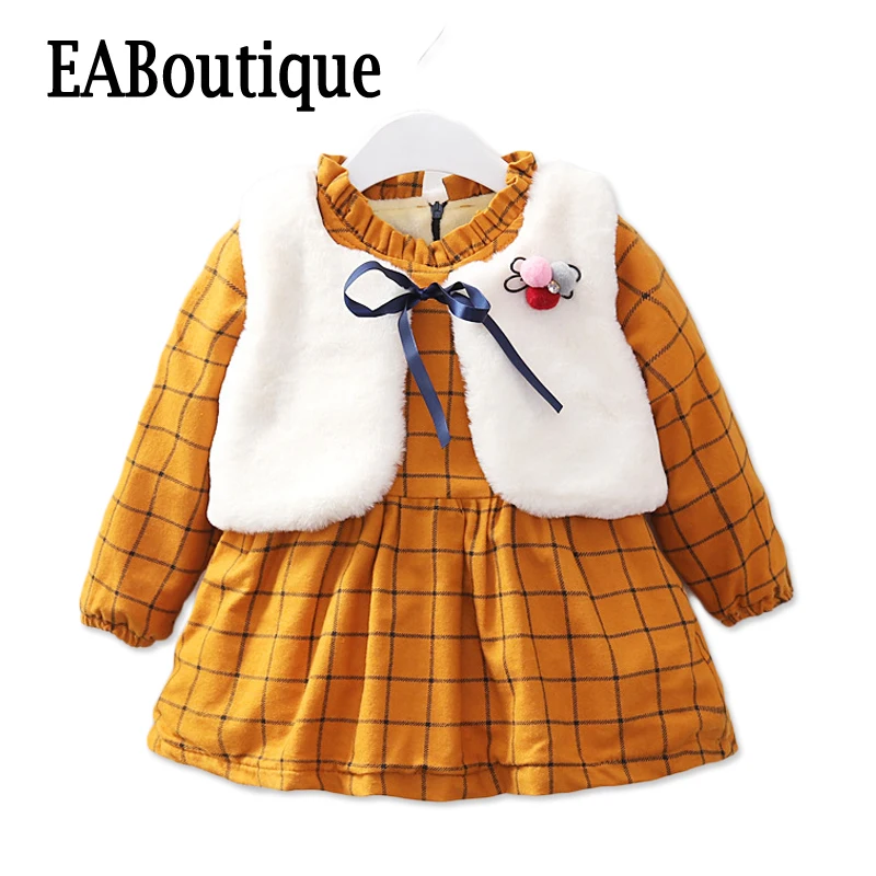 Eaboutique/2017 мода плед с цветами Меховой жилет теплый зимнее платье для девочек
