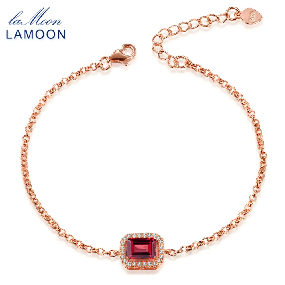 LAMOON- 5X7mm 1.1ct Natural Rectangular Red Garnet 925 Sterling Silver Jewelry Chain Charm Bracelet S925 LMHI001 | Украшения и