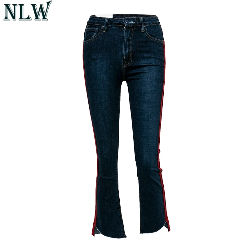 NLW 2018 Модные осенние джинсы брюки Для женщин Высокая Талия сбоку в полоску черные