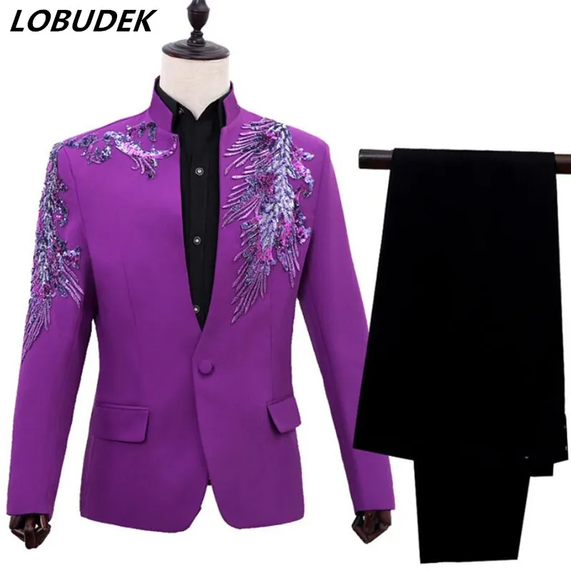 Jacket male costume Purple sequined MC host dress stage program costume singer wedding dress Blazer blue red Embroidery Coat
Jacket male costume Purple sequined MC host dress stage program costume singer wedding dress Blazer blue red Embroidery Coat