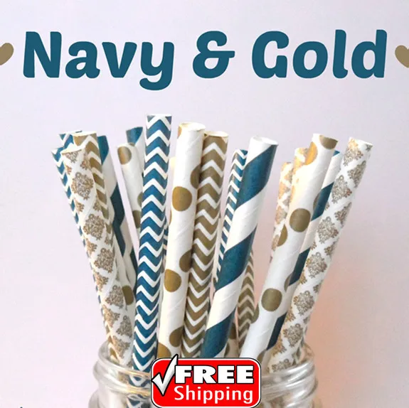 

250pcs Mixed 5 Designs Navy & Gold Themed Paper Straws-Navy and Gold-Stripe,Dot,Chevron,Damask-Wedding Party,Cheap,Bulk,Drinking