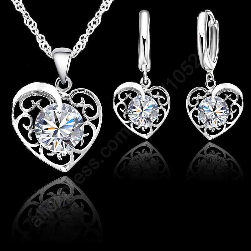 

Shinning CZ Jewelry Sets 925 Sterling Silver Cubic Zirconia Heart Necklace Hoop Earrings Lever Back Party Accessories