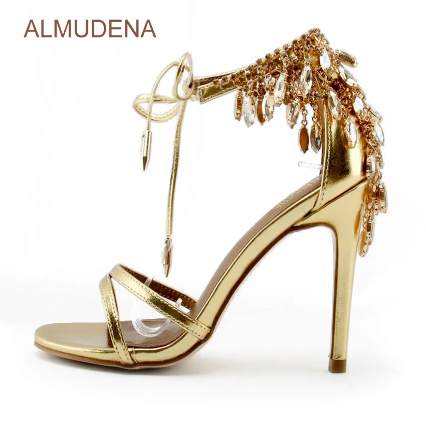 

ALMUDENA Gold Bling Bling Crystal Sandals Drape Tassel Beaded Chain Shoes Lace-up Glittering Thin High Heel Fringe Wedding Pump