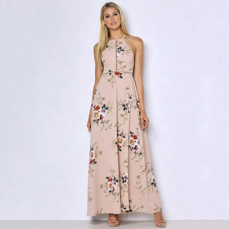 Для женщин макси с цветочным принтом платье длинным Boho Холтер бинты ремень