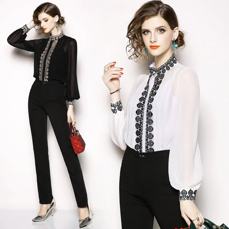 Fashion Black White Women Blouse Long Sleeve Female Elegant Sexy Embroidered Pure Color Perspective Soft Shirts Two-piece Sets
Fashion Black White Women Blouse Long Sleeve Female Elegant Sexy Embroidered Pure Color Perspective Soft Shirts Two-piece Sets