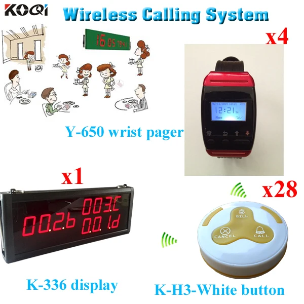 Wireless Calling System Restaurant; 28pcs Waterproof Table Button + 4pcs Wrist Pager + 1pc 3 Groups Number LED Display Receiver
Wireless Calling System Restaurant; 28pcs Waterproof Table Button + 4pcs Wrist Pager + 1pc 3 Groups Number LED Display Receiver