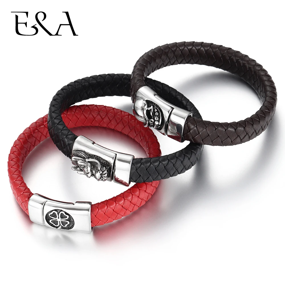 Men's Punk Jewelry Braided Leather Bracelet Brown Black Red Stainless Steel 3D Skull Magnet Clasp for Man Handmade Woven Bangle
Men's Punk Jewelry Braided Leather Bracelet Brown Black Red Stainless Steel 3D Skull Magnet Clasp for Man Handmade Woven Bangle