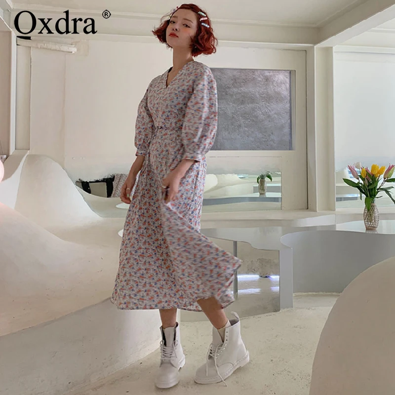 Oxdra цветочный принт с v-образным вырезом платья 2019 Весна Лето Япония Стиль Платье