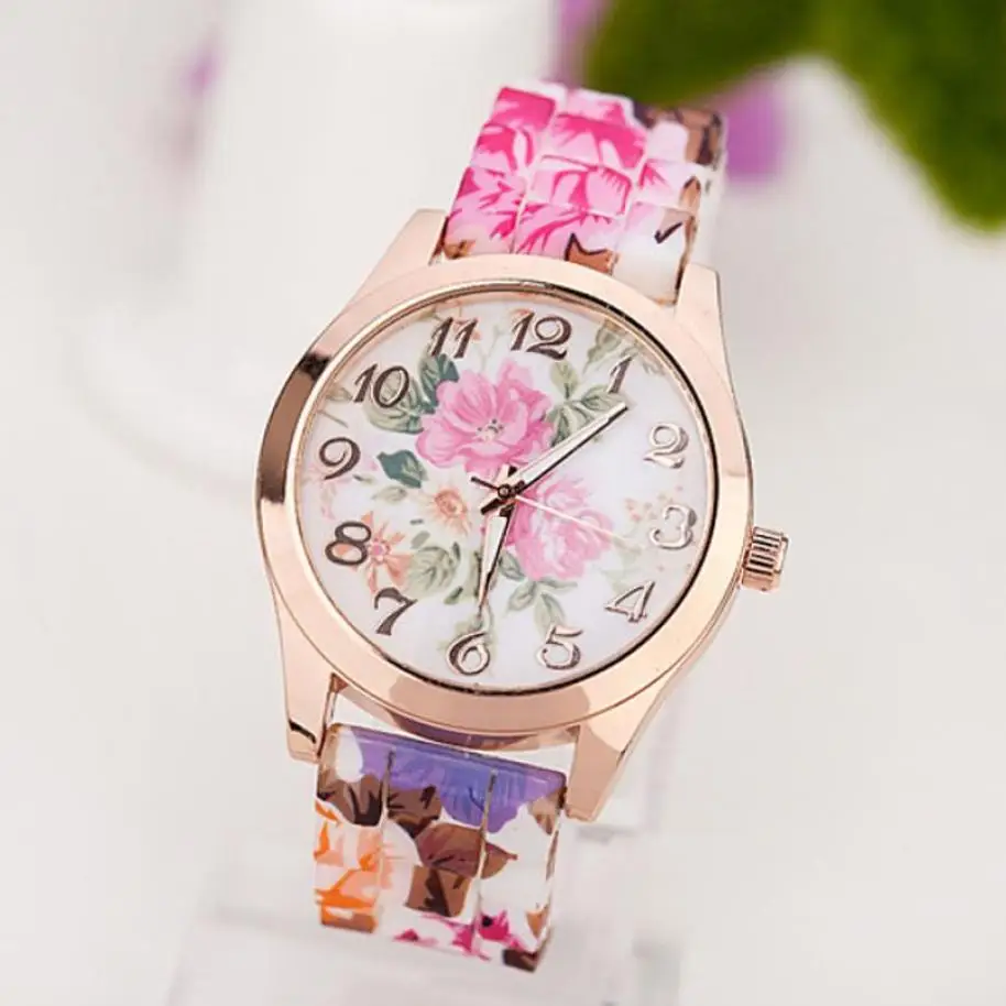 2018 Топ бренд новые роскошные женские часы Reloj Роза цветочный принт силиконовый