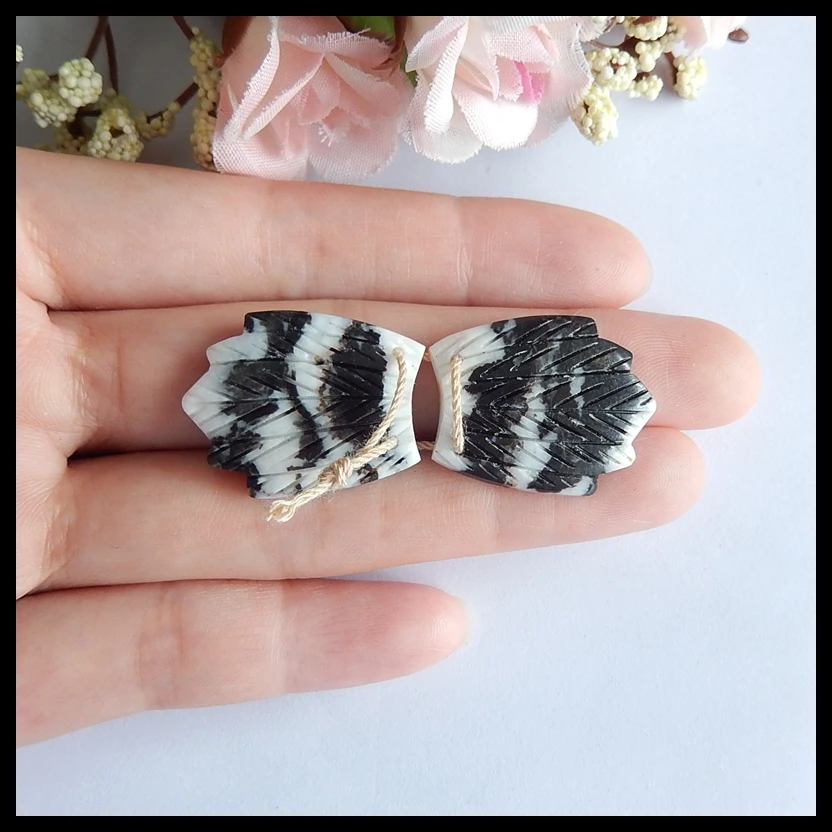 Wholesale Semi-precious stones Jewelry accessories Natural Zabra Jasper carved Feather Earring set,26x21x4mm,7.8g
Wholesale Semi-precious stones Jewelry accessories Natural Zabra Jasper carved Feather Earring set,26x21x4mm,7.8g