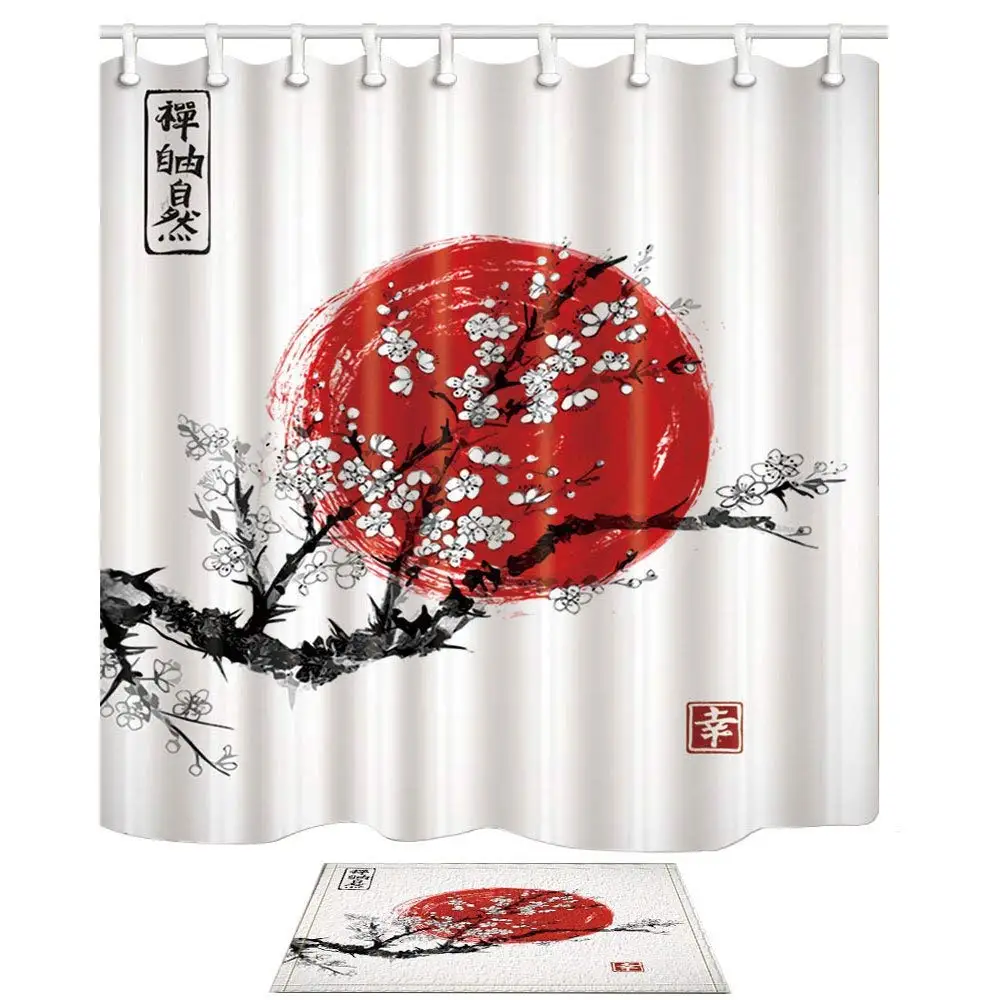 Japanese Ink Painting Flower Decor, Sakura in Blossom and Red Sun, Shower Curtain Set With Non-Slip Floor Doormat Bath Rugs
Japanese Ink Painting Flower Decor, Sakura in Blossom and Red Sun, Shower Curtain Set With Non-Slip Floor Doormat Bath Rugs