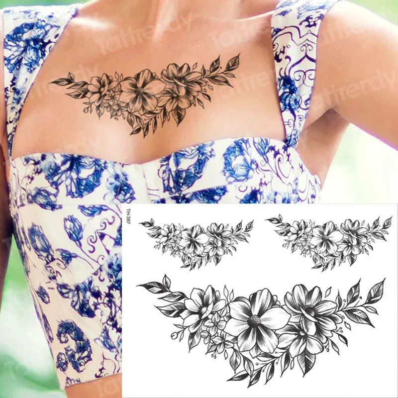 Стикер для татуировки водонепроницаемые боди арт черный цветок женщин девушек