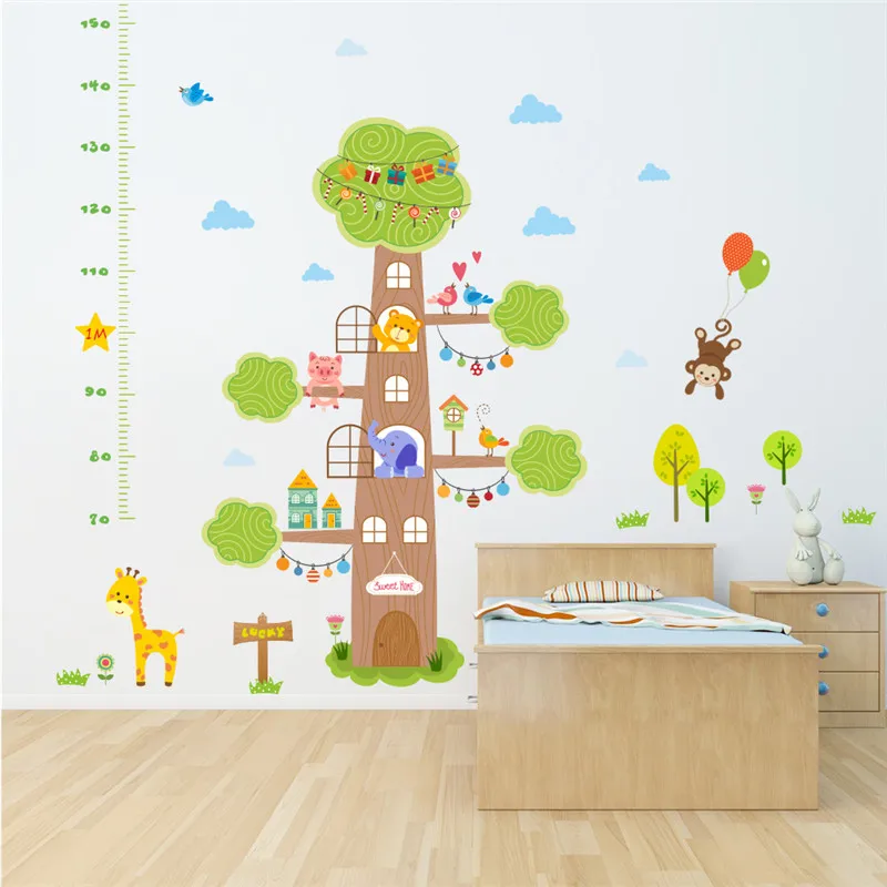 

Forest Tree Animals Height Measure Wall Stickers For Kids Rooms Monkey Elephant Giraffe Lion child growth chart Wall decal