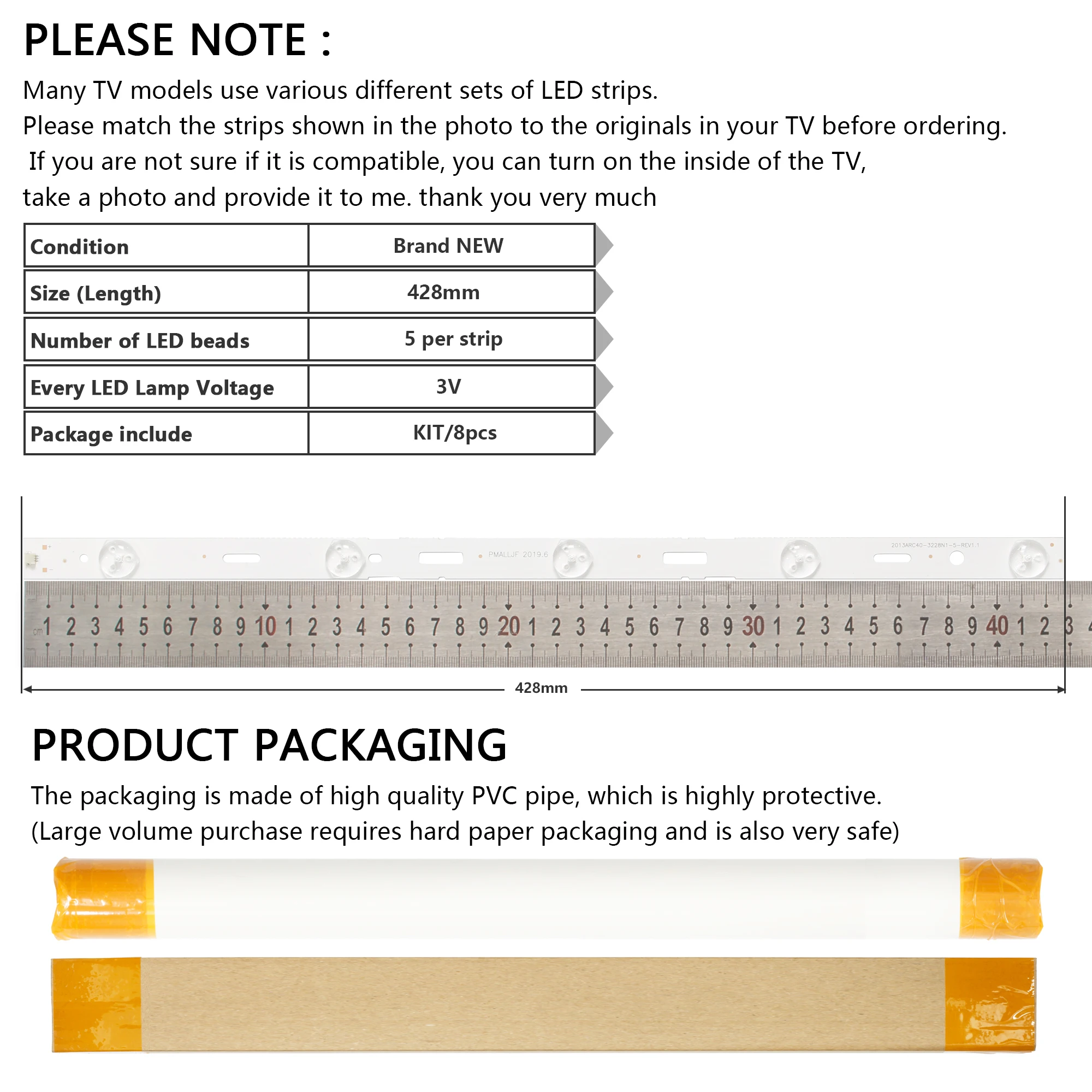 New Kit 8 PCS 5LED 428mm LED Backlight strip for TV 40VLE6520BL SAMSUNG_2013ARC40_3228N1 40-LB-M520 40VLE4421BF
New Kit 8 PCS 5LED 428mm LED Backlight strip for TV 40VLE6520BL SAMSUNG_2013ARC40_3228N1 40-LB-M520 40VLE4421BF