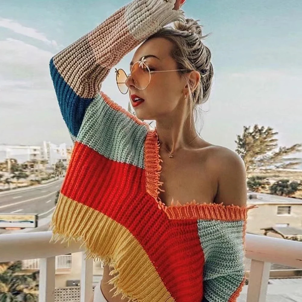 new hot-selling sweater women's front and back two wear color stripes low-cut irregular sweater women's clothing
new hot-selling sweater women's front and back two wear color stripes low-cut irregular sweater women's clothing