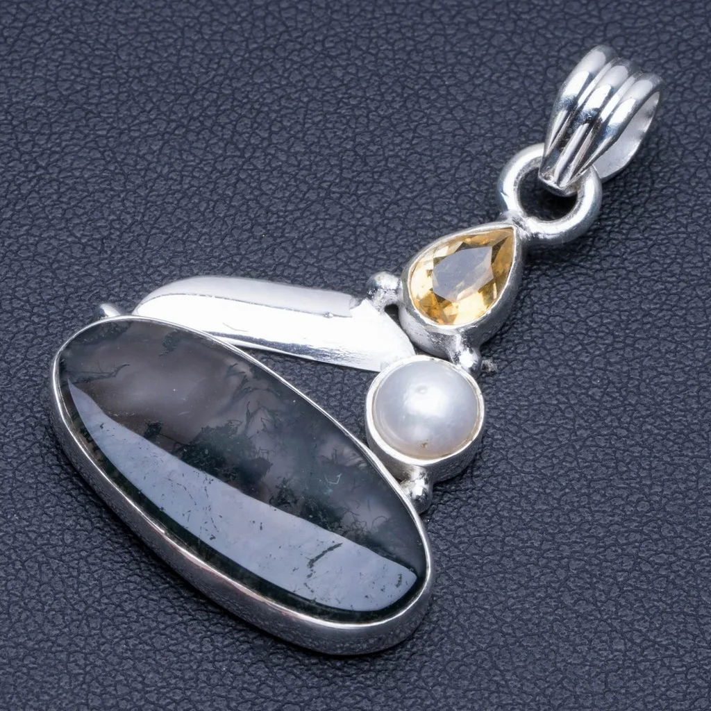Natural Moss Agate,River Pearl and Citrine Punk Style 925 Sterling Silver Pendant 1 3/4" Q1172
Natural Moss Agate,River Pearl and Citrine Punk Style 925 Sterling Silver Pendant 1 3/4" Q1172
