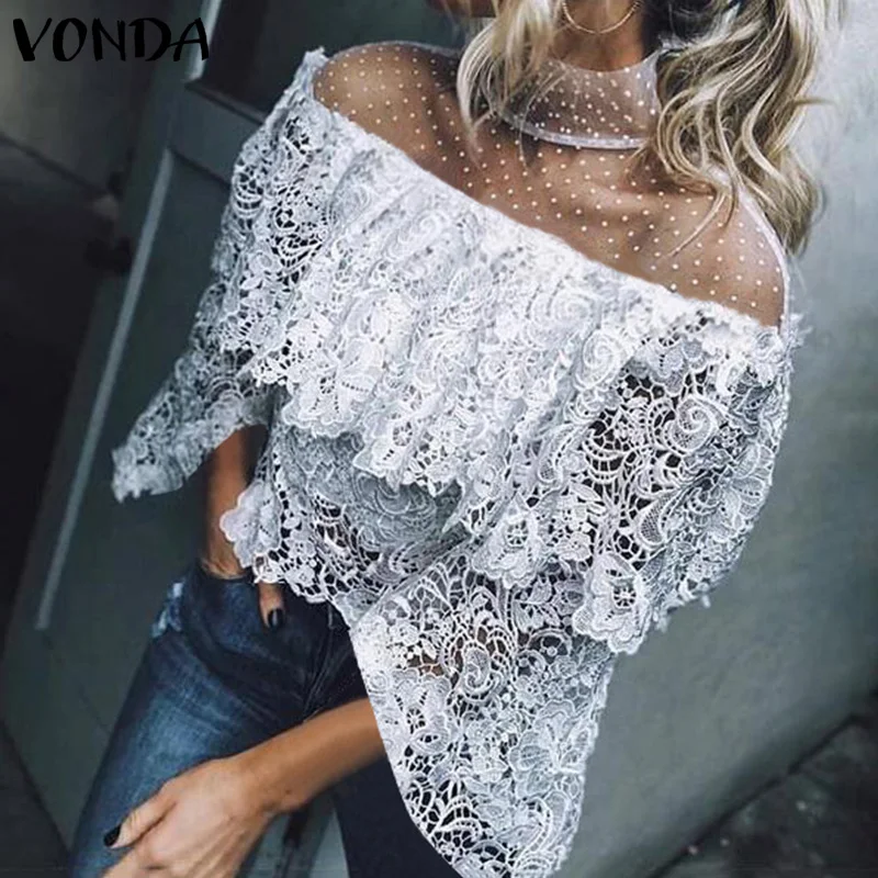 VONDA Топы для женщин кружевная блузка 2021 летние полые туника с открытыми плечами