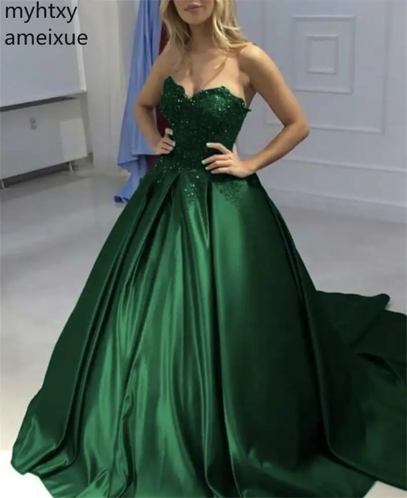 New Sexy Green Evening Dresses Sweetheart Sleeveles Lace Applique Crystal Ball Gown Satin Lace Up Back Prom Party Robe De Soiree
New Sexy Green Evening Dresses Sweetheart Sleeveles Lace Applique Crystal Ball Gown Satin Lace Up Back Prom Party Robe De Soiree