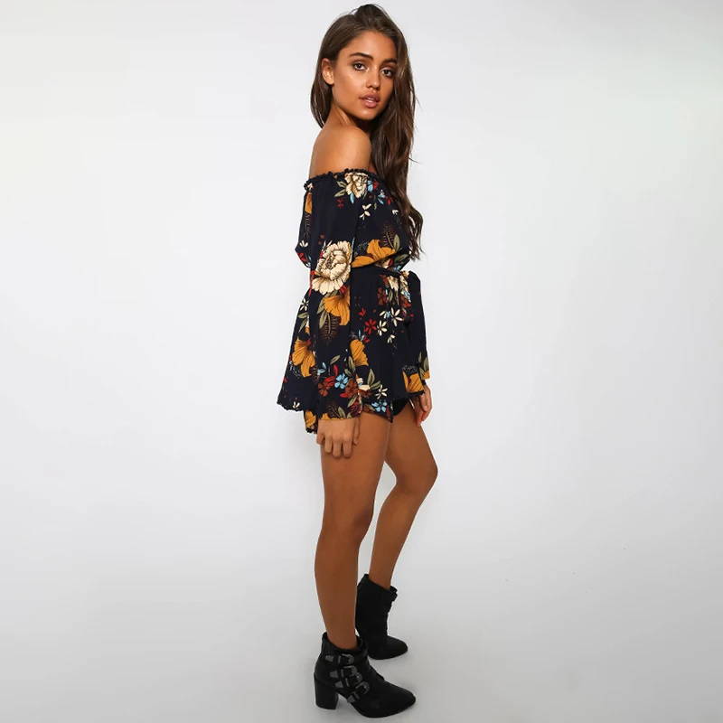Для женщин Playsuit летние пикантные женские с длинным рукавом Slash шеи цветочные