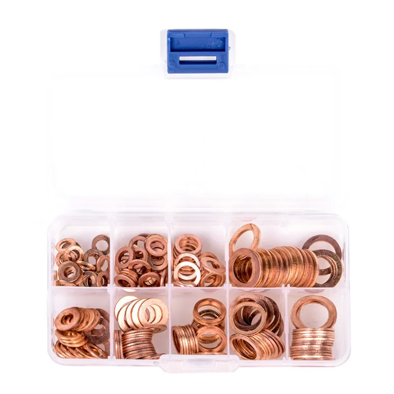 200pcs/set Copper Washer Gasket Set Flat Ring Seal Assortment Kit with Box M5-M14 For Hardware Accessories
200pcs/set Copper Washer Gasket Set Flat Ring Seal Assortment Kit with Box M5-M14 For Hardware Accessories