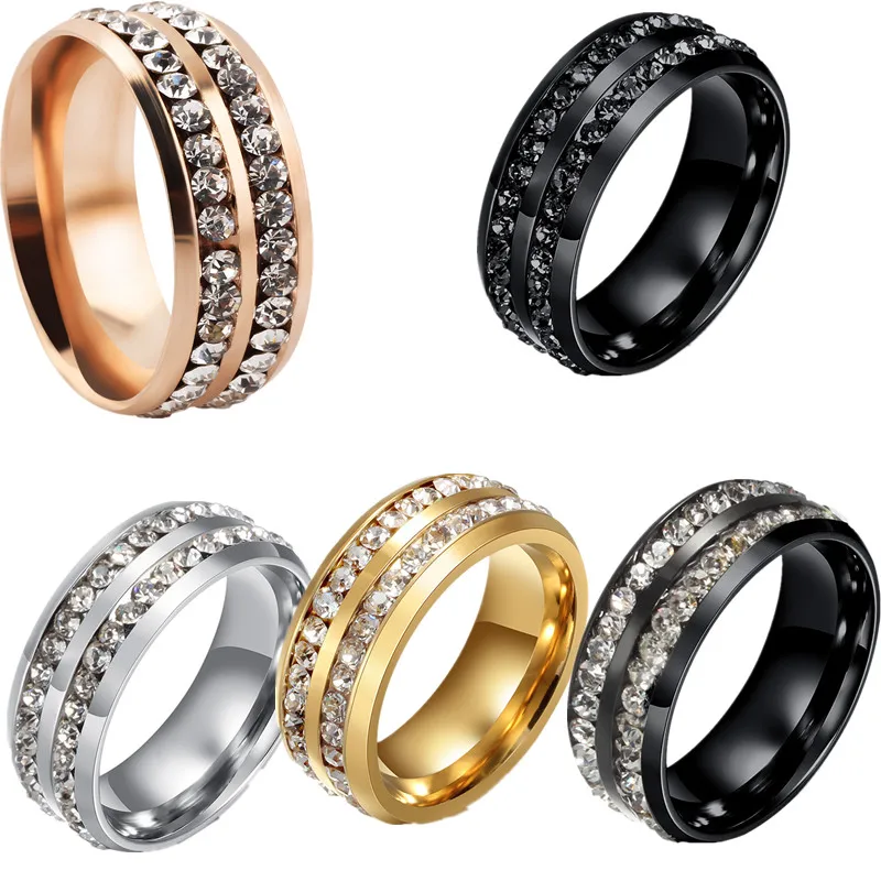 QianBei 8MM Titanium Stainless Steel Ring 2Row CZ Inlay Cubic Zirconia Women Men Wedding Cocktail Graduation Xmas Gifts Choose~ | Украшения