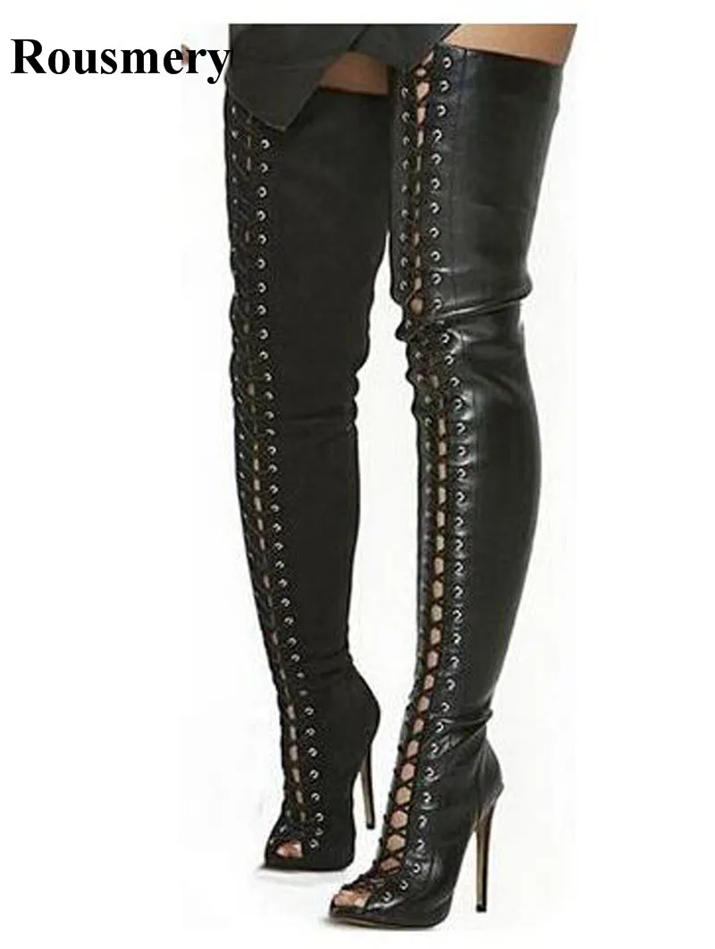 Women New Fashion Open Toe Black Leather Lace-up Over Knee Gladiator Boots Cut-out Thin High Heel Long Boots Dress Shoes
Women New Fashion Open Toe Black Leather Lace-up Over Knee Gladiator Boots Cut-out Thin High Heel Long Boots Dress Shoes