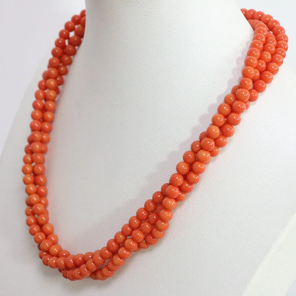 

New design pink orange artificial coral 3 rows necklace noble 6mm round beads party romantic gifts jewelry 18inch B1451