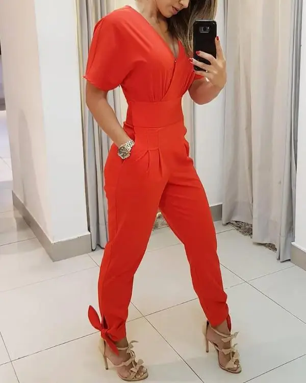 Short Sleeve V Neck Tied Detail Jumpsuit Office Wear Pockets Lace up Leg Rompers Overalls
Short Sleeve V Neck Tied Detail Jumpsuit Office Wear Pockets Lace up Leg Rompers Overalls