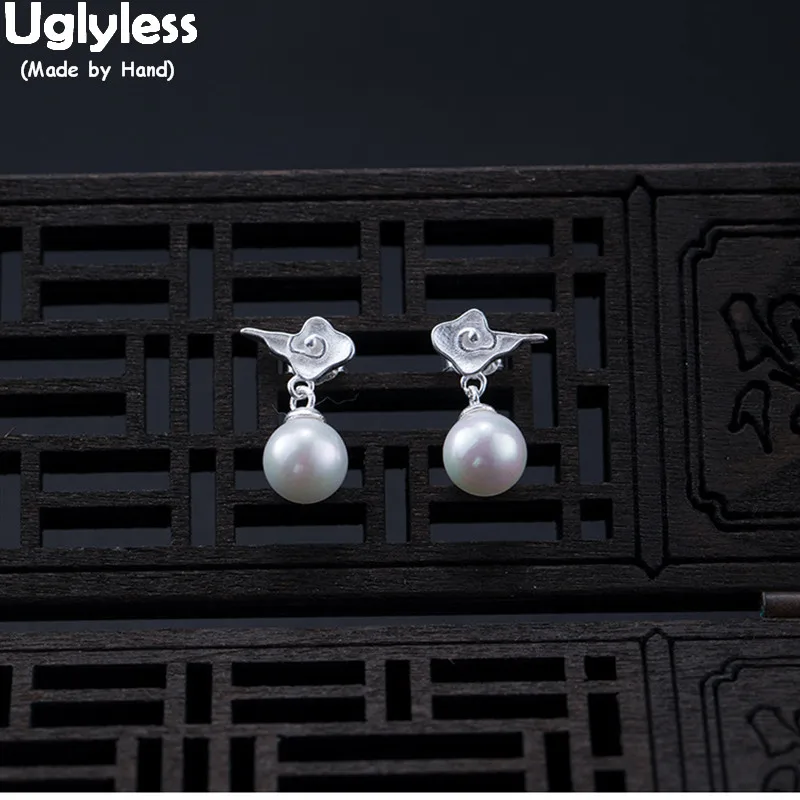

Uglyless 100% Real Natural Pearls Earrings for Women Handmade Lucky Cloud Stud Earrings Solid 925 Sterling Silver Brincos Bijoux