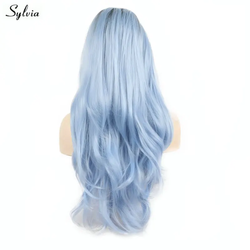 

Sylvia Natural Hairline Blue Wig Ombre Dark Roots Two Tone Women Cosplay Synthetic Lace Front Wigs For Party Body Wave Long Hair
