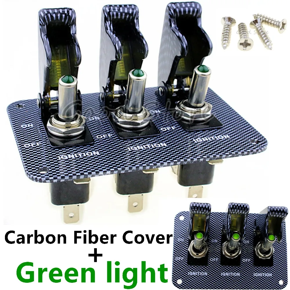 

1PCS 3X12V Carbon cap Green light LED Safety Cover Aircraft Toggle Switch Carbon Fiber Surface Panel TG