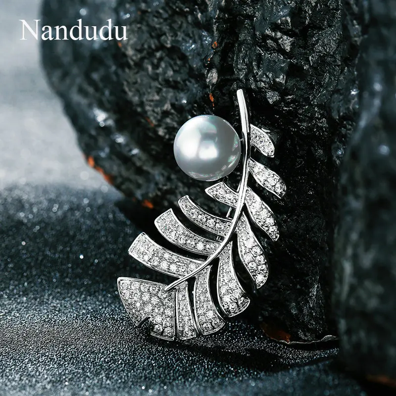 Nandudu Large Leaves Feather Brooch with Gray Simulatd Pearl Silver Color Exquisite Fashion Wholesale Price Gift X331 | Украшения и