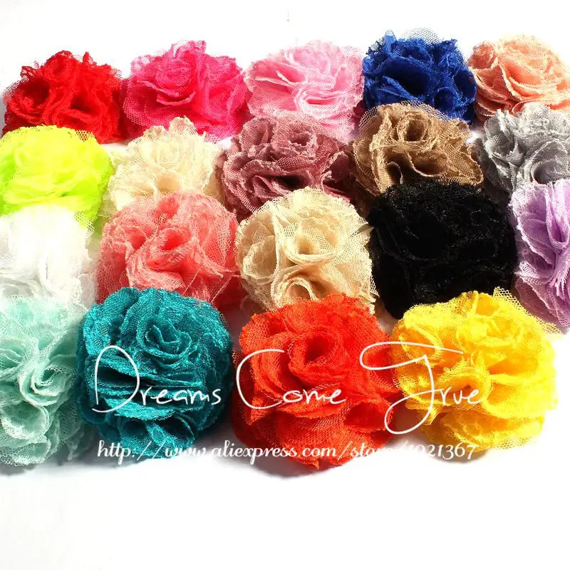 

50pcs/lot 7CM 19Colors Newborn Shabby Tulle Mesh Flower For Baby Hair Accessories Chic Artificial Fabric Flowers For Headbands
