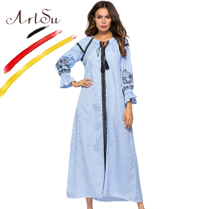 ArtSu 2018 Autumn Women Long Sleeve Striped Dress Plus Size Tassel Floral Embroidery Ethnic Maxi Dress Vintage Robe Longue Femme
ArtSu 2018 Autumn Women Long Sleeve Striped Dress Plus Size Tassel Floral Embroidery Ethnic Maxi Dress Vintage Robe Longue Femme