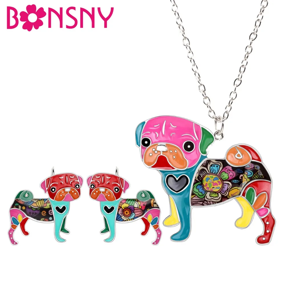 

Bonsny Enamel Alloy French Bulldog Pug Dog Clip Earrings Necklace Collar Novelty Animal Jewelry Sets For Women Girls Gift Charms