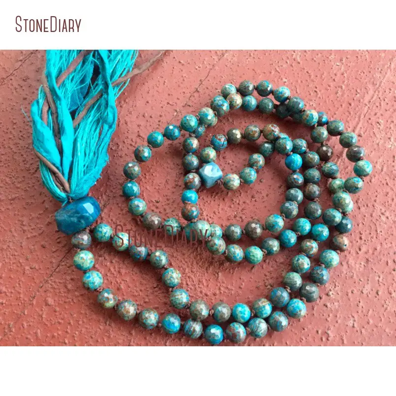 Faceted Striated Jaspers Chrysocolla Mala Beads Protection Throat Chakra Yoga Meditation Silk Sari Tassel Necklace NM11103
Faceted Striated Jaspers Chrysocolla Mala Beads Protection Throat Chakra Yoga Meditation Silk Sari Tassel Necklace NM11103