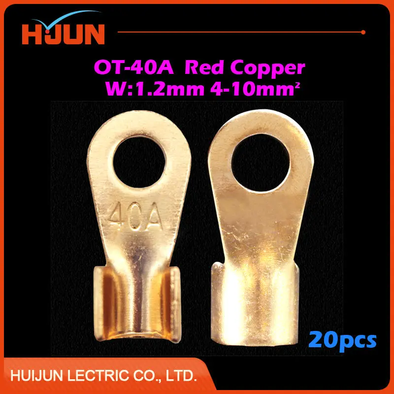 

20pcs/lot OT-40A 6.2mm Dia Red Copper Circular Splice Crimp Terminal Wire Naked Connector for 4-10 Square Cable