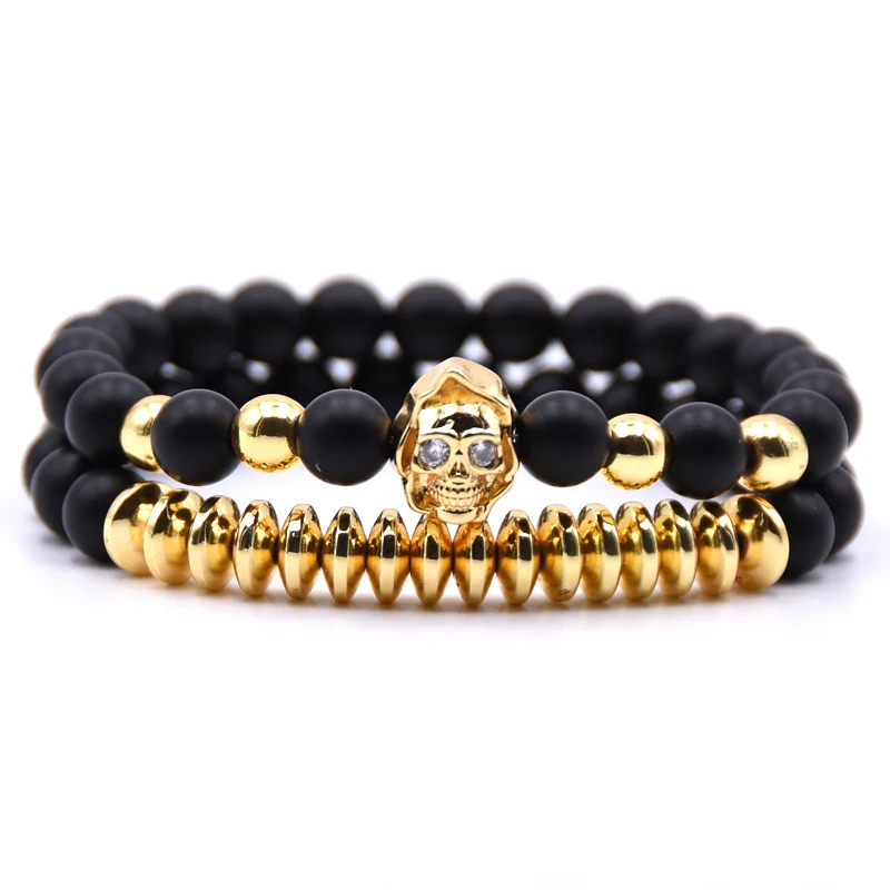Pulseira модный браслет для пары 8 мм бусины матовый камень мужские CZ Череп Браслеты