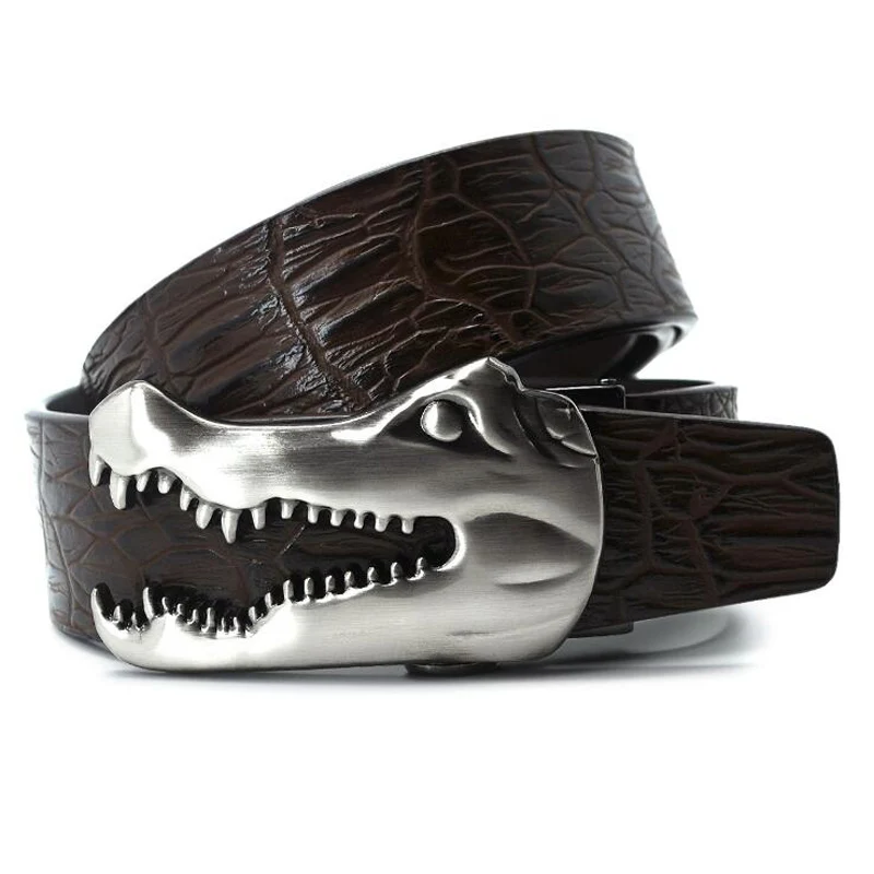 

2019 Metal Crocodile Buckle Men Slit Leather Belt Business Casaul Leather Alligator Belts Black Brown 125CM ZH507