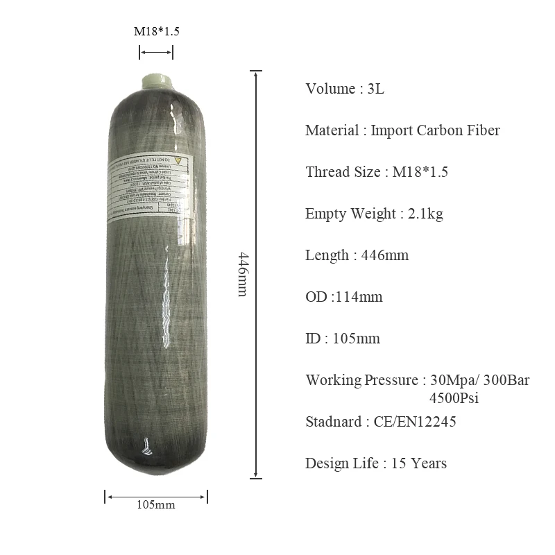 Acecare Scuba PCP 3L CE Gas Cylinder 30Mpa/300Bar Carbon Fiber Air Tank High Pressure for Air Rifle Gun Airforce Condor M18*1.5
Acecare Scuba PCP 3L CE Gas Cylinder 30Mpa/300Bar Carbon Fiber Air Tank High Pressure for Air Rifle Gun Airforce Condor M18*1.5