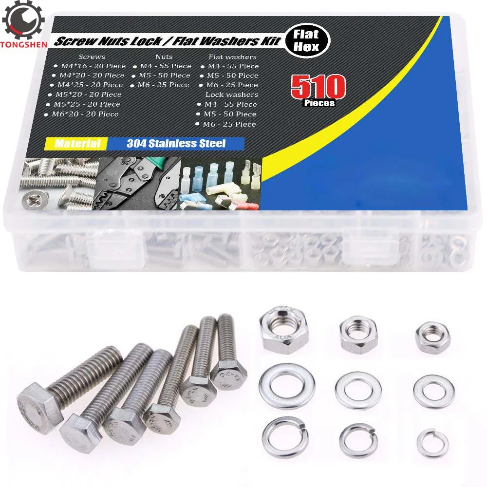 510pcs M4 M5 M6 Flat Hex Stainless Steel Screws Bolts nuts Lock and Flat Washers Hexagon Thread Metric Screw Flat and Lock Washe
510pcs M4 M5 M6 Flat Hex Stainless Steel Screws Bolts nuts Lock and Flat Washers Hexagon Thread Metric Screw Flat and Lock Washe