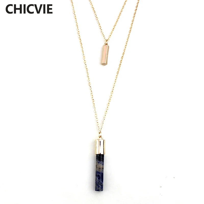 

CHICVIE Women Gold Color Multilayer Necklaces & Pendants Blue Natural Stone Pendant Necklace Wedding &Jewelry SNE160091