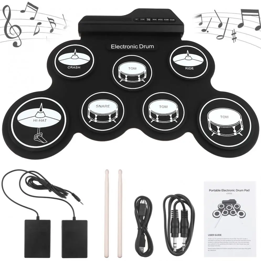 Portable Electronic Digital USB 7 Pads Roll up Set Silicone Electric Drum Kit with Drumsticks and Sustain Pedal
Portable Electronic Digital USB 7 Pads Roll up Set Silicone Electric Drum Kit with Drumsticks and Sustain Pedal