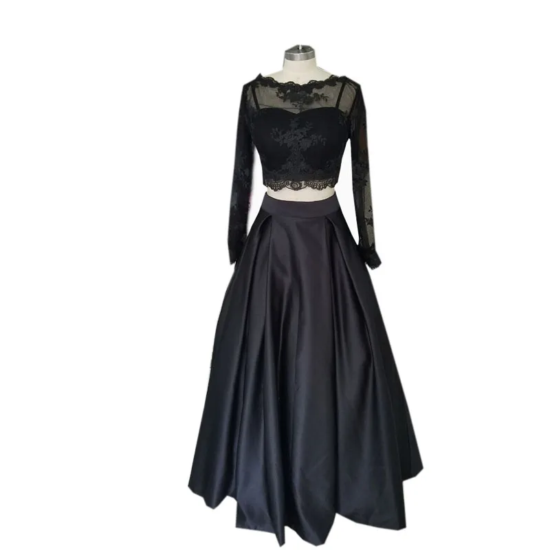 long sleeves black 2 piece prom dresses 2020 evening party vestido de festa waist split evening gown custom make real pictures 
long sleeves black 2 piece prom dresses 2020 evening party vestido de festa waist split evening gown custom make real pictures
