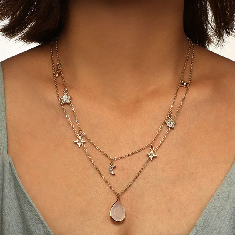2018 Fashion Long Chain Bohemian Pentagram Moon Zircon Multilayer Necklace Colored Stone Summer Beach Women's Jewelry | Украшения и