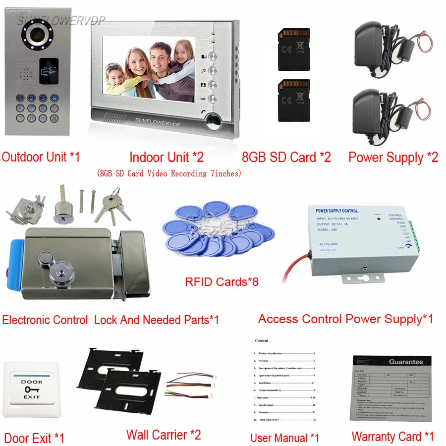 8GB SD Card Recording IP65 Waterproof Rfid Intercoms For A Private House Of 2 Apartments Home Video Phone Add Door Lock 7" Lcds |