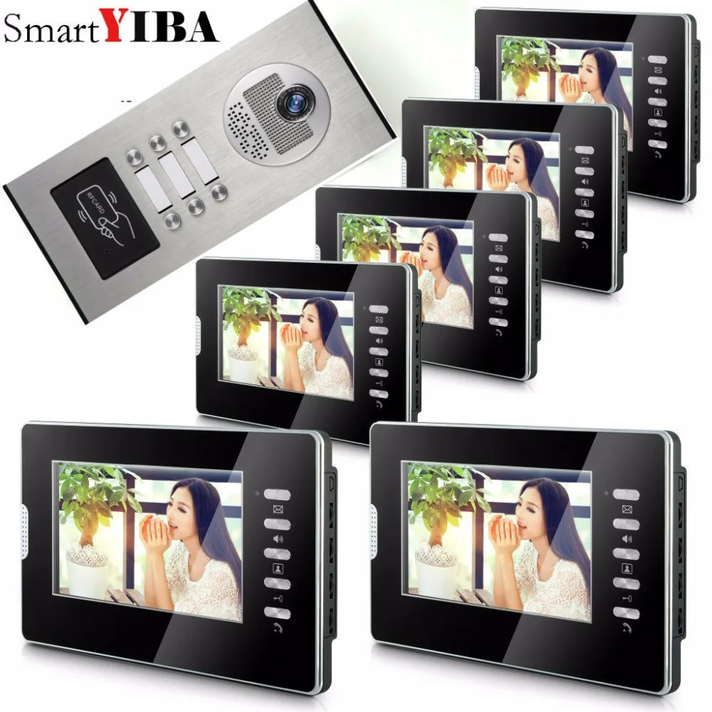 SmartYIBA 7" Screen Video Intercom Apartment Door Phone System 6 black Monitors RFID Access Door Camera for 6 Household
SmartYIBA 7" Screen Video Intercom Apartment Door Phone System 6 black Monitors RFID Access Door Camera for 6 Household