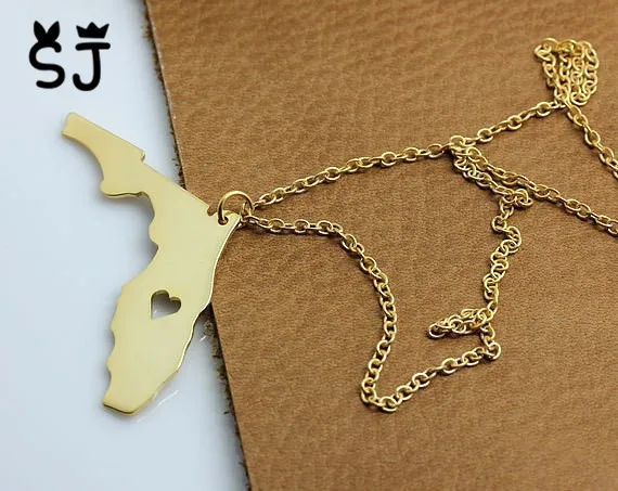 Outline Florida Map Necklace Heart USA FL State Necklace I Heart Love Florida Necklace Geography Map Necklace