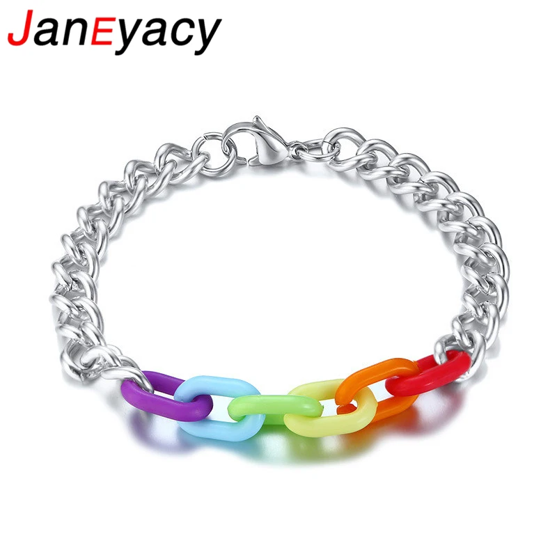 New Fashion Simple Lobster Buckle Stainless Steel Chain Bracelet Acrylic Rainbow Ladies Bracelet Men's Jewelry Gift Pulseira
New Fashion Simple Lobster Buckle Stainless Steel Chain Bracelet Acrylic Rainbow Ladies Bracelet Men's Jewelry Gift Pulseira